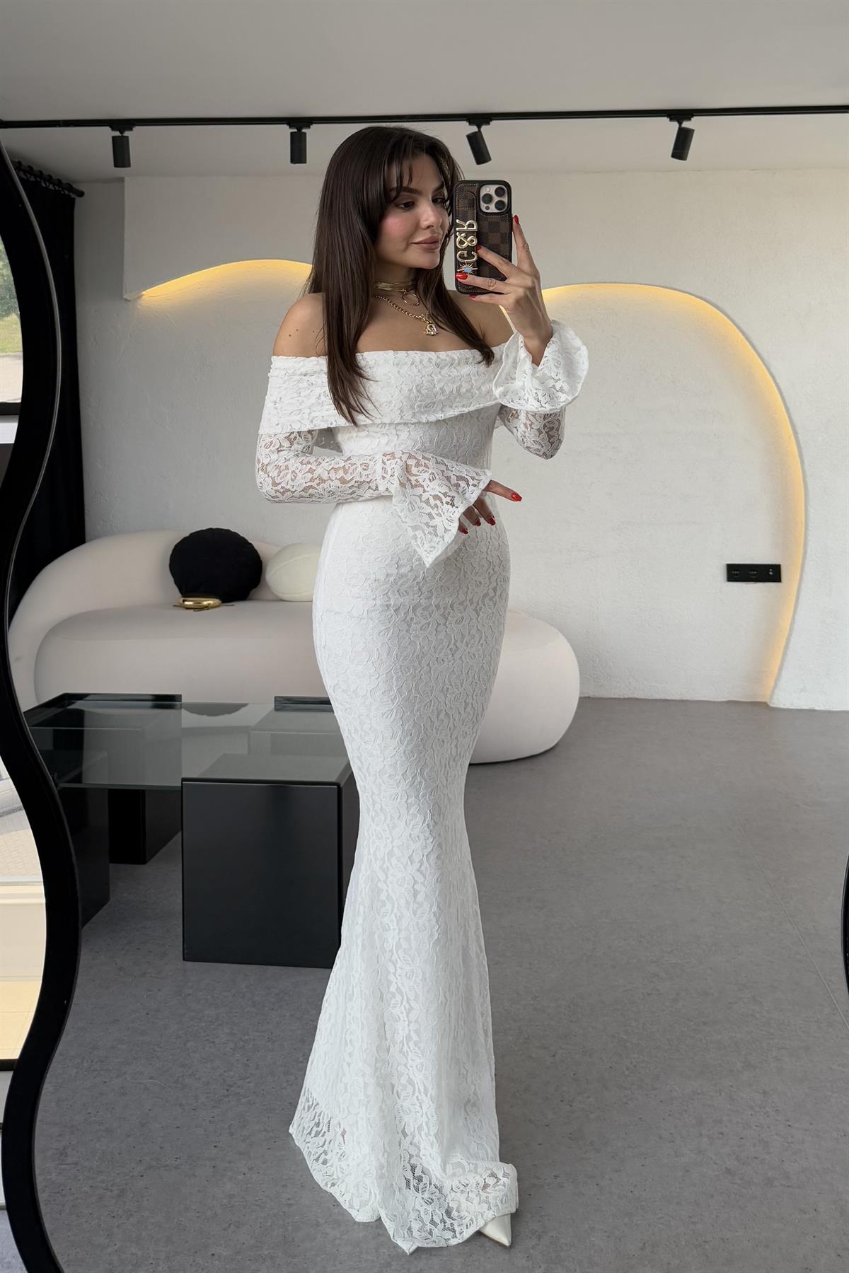 Rafosa Beyaz Romantik Dantel Elbise 