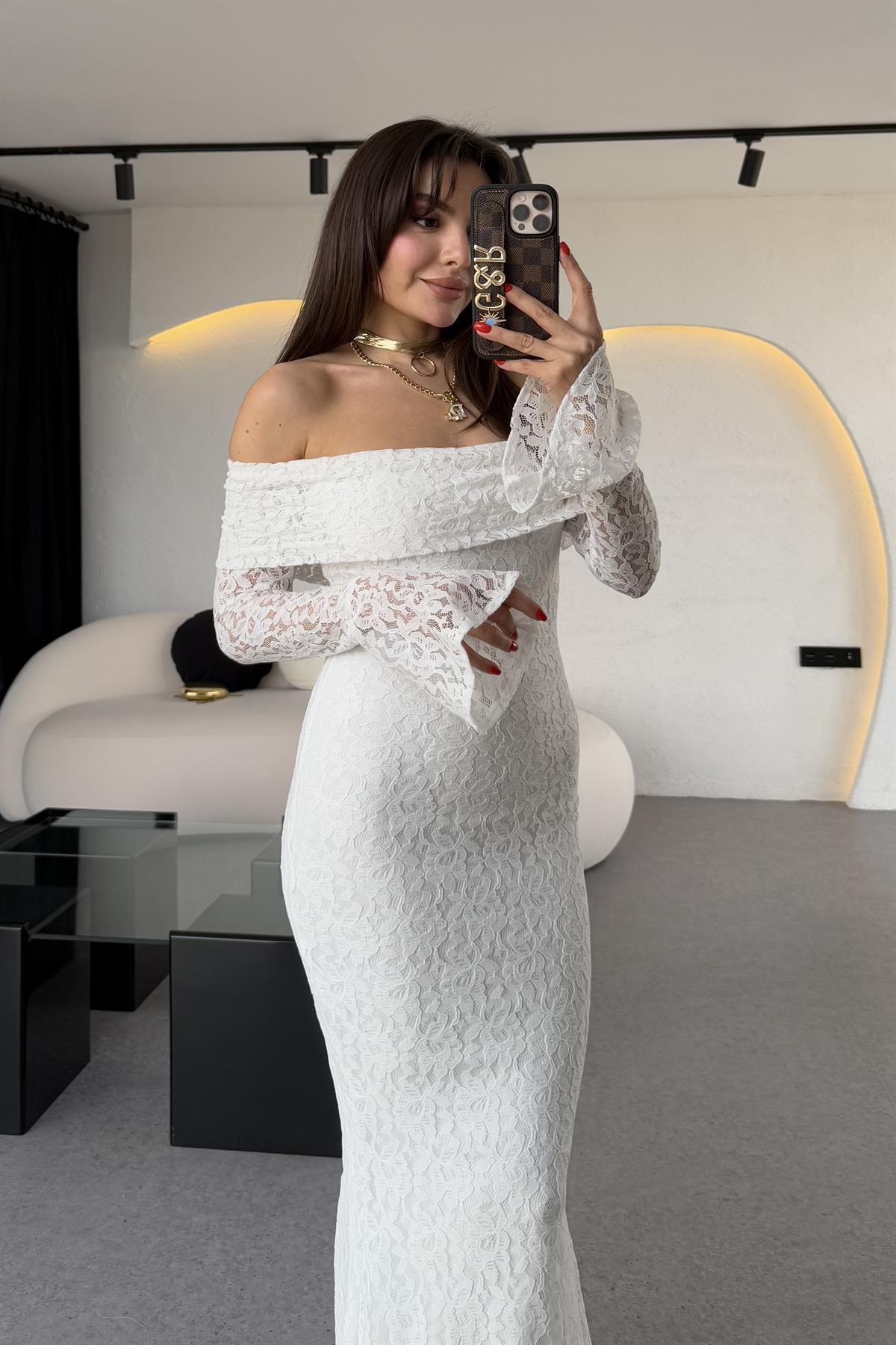 Rafosa Beyaz Romantik Dantel Elbise 