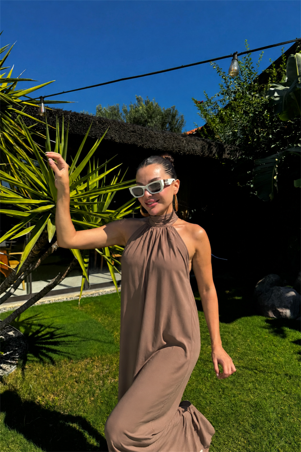 Rahy Camel Boyundan Bağlamalı Maxi Elbise