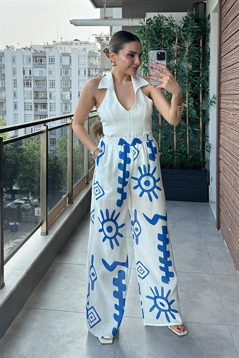 Raiza Desenli Beli Lastikli Pantolon - Mavi