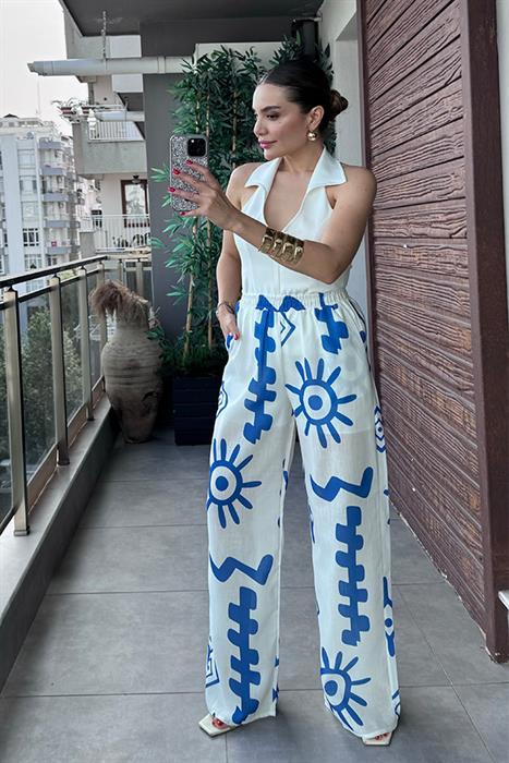 Raiza Desenli Beli Lastikli Pantolon - Mavi
