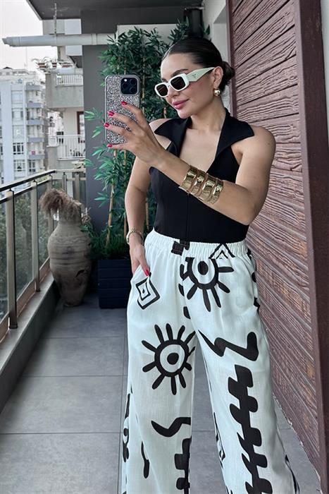 Raiza Desenli Beli Lastikli Pantolon - Siyah