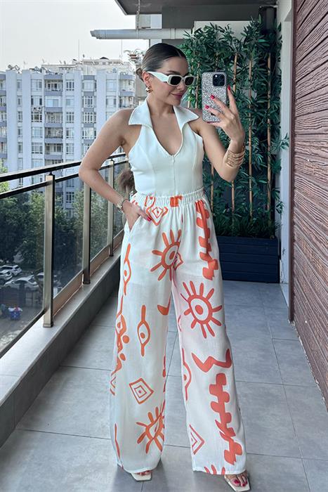 Raiza Desenli Beli Lastikli Pantolon - Turuncu
