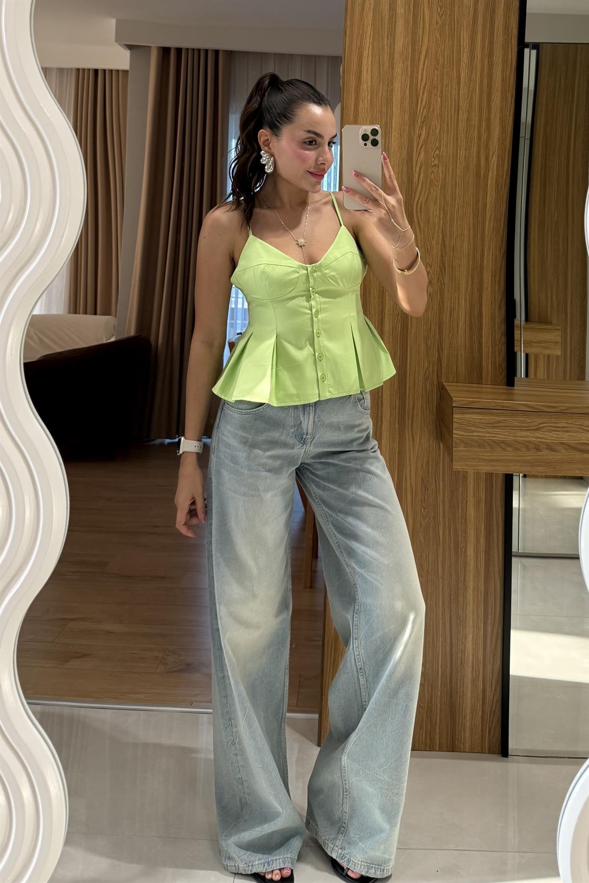 Rashan Soluk Efekt Vintage Yüksek Bel Wide Leg Jeans