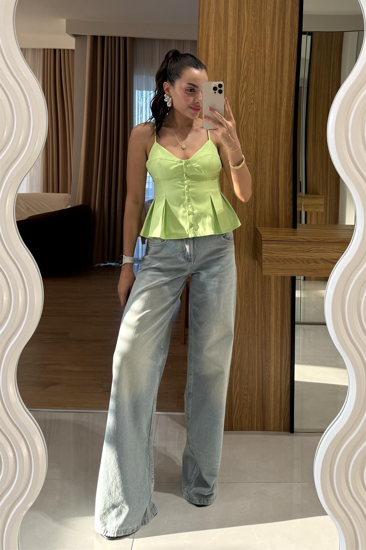 Rashan Soluk Efekt Vintage Yüksek Bel Wide Leg Jeans