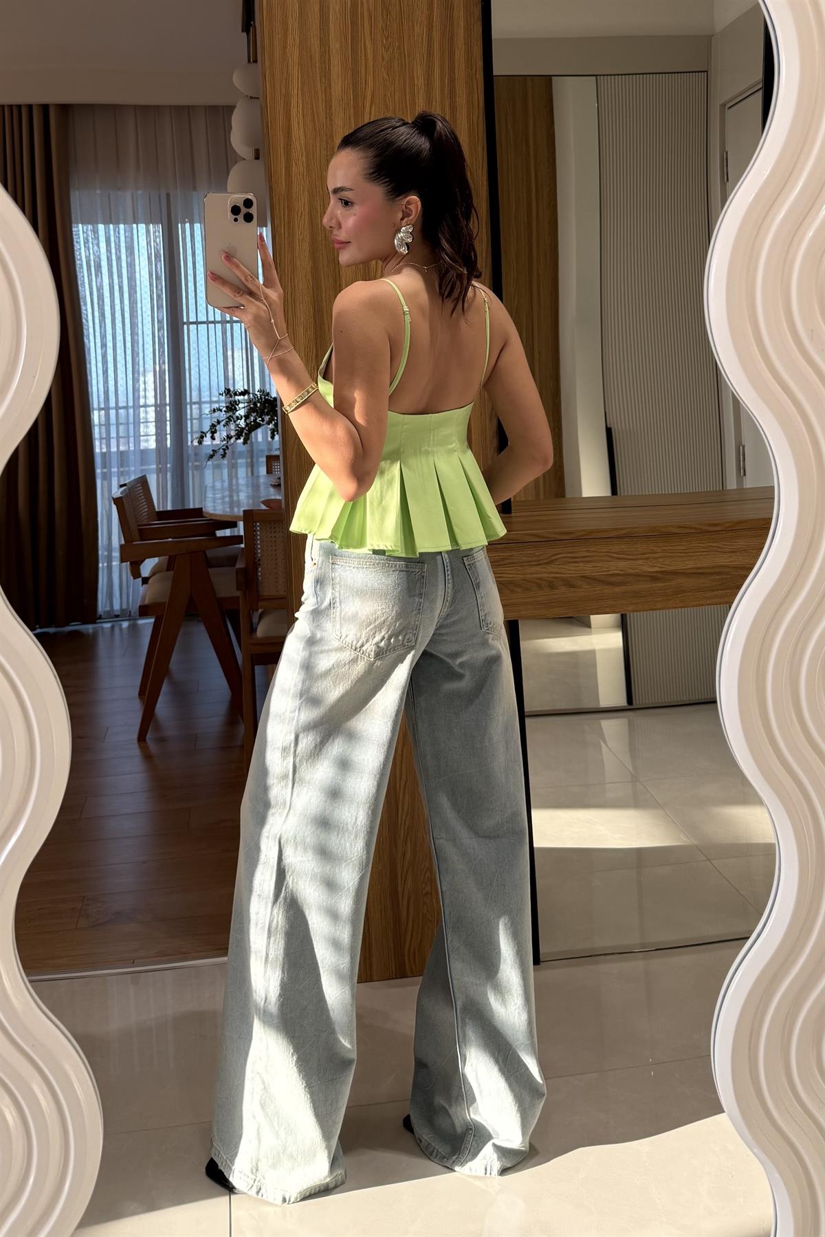 Rashan Soluk Efekt Vintage Yüksek Bel Wide Leg Jeans