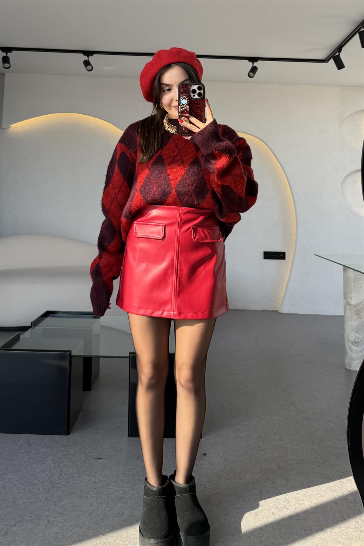 Ratte Kırmızı Cep Detaylı Deri Etek 