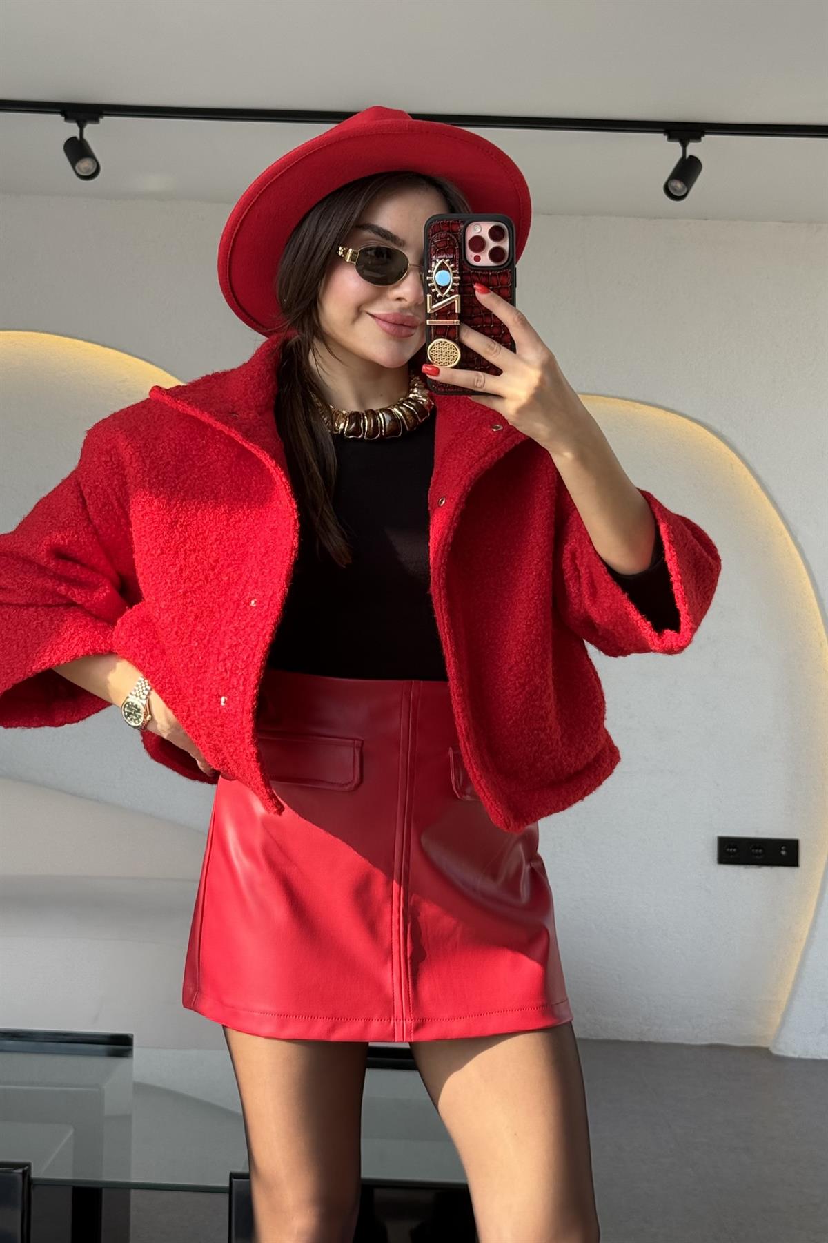 Ratte Kırmızı Cep Detaylı Deri Etek 