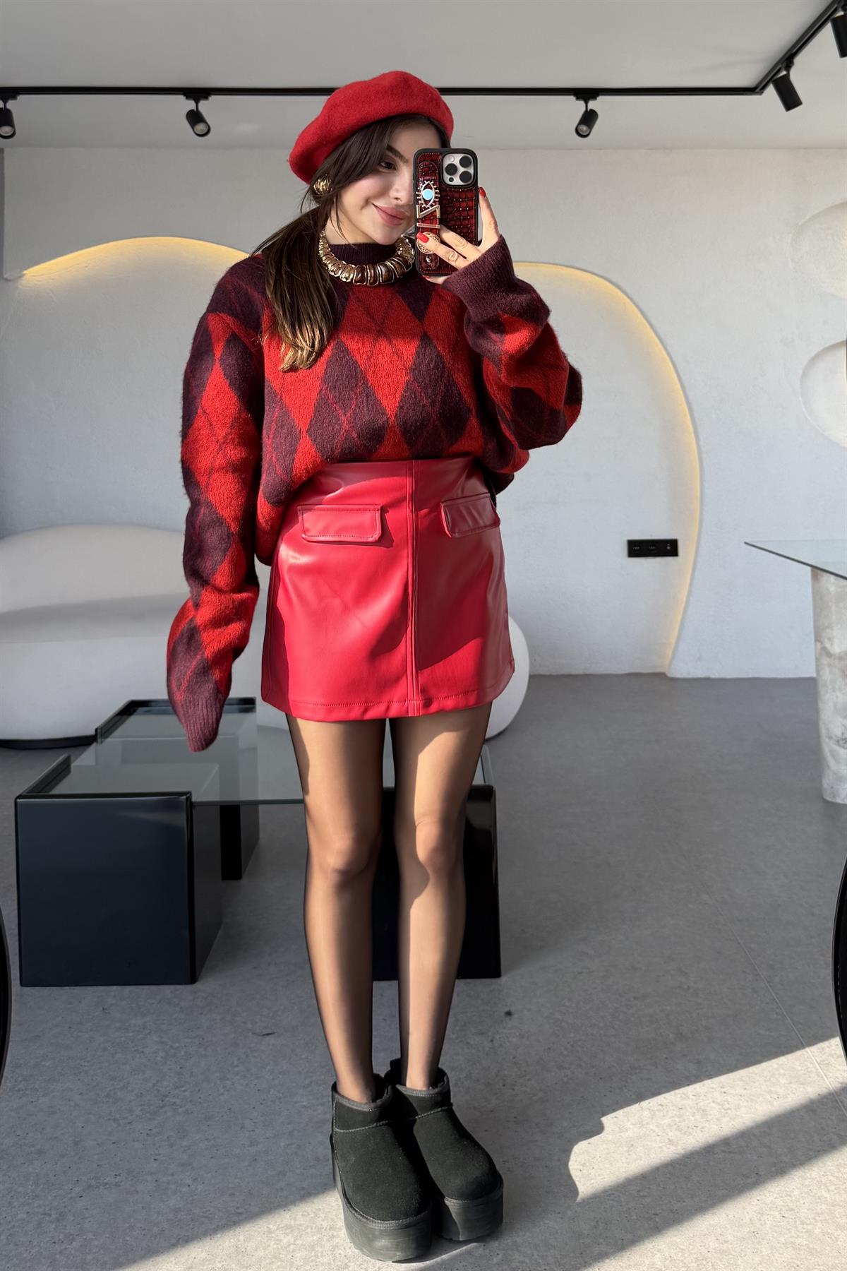 Ratte Kırmızı Cep Detaylı Deri Etek 