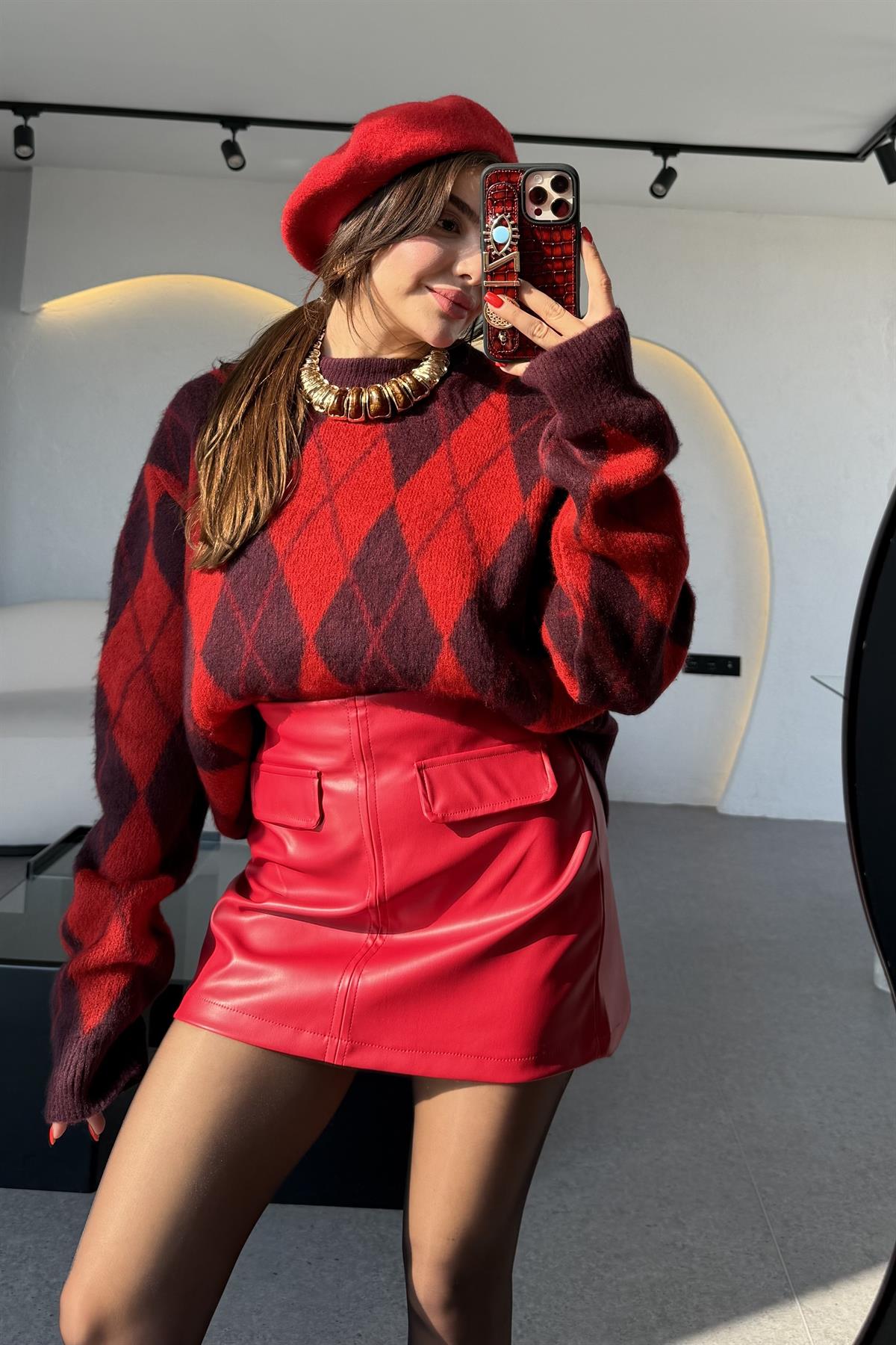 Ratte Kırmızı Cep Detaylı Deri Etek 