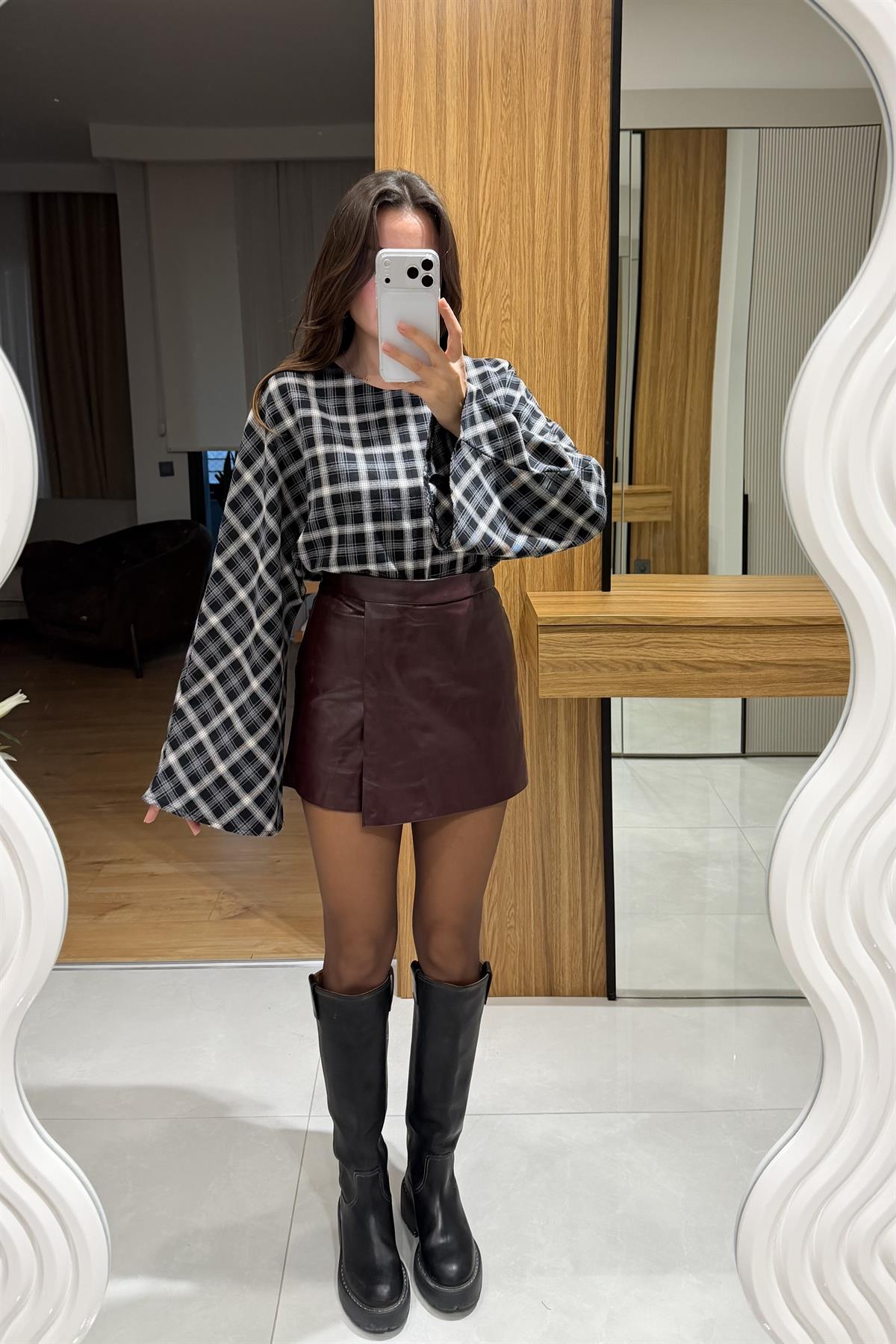 Ravix Bordo Deri Şort Etek