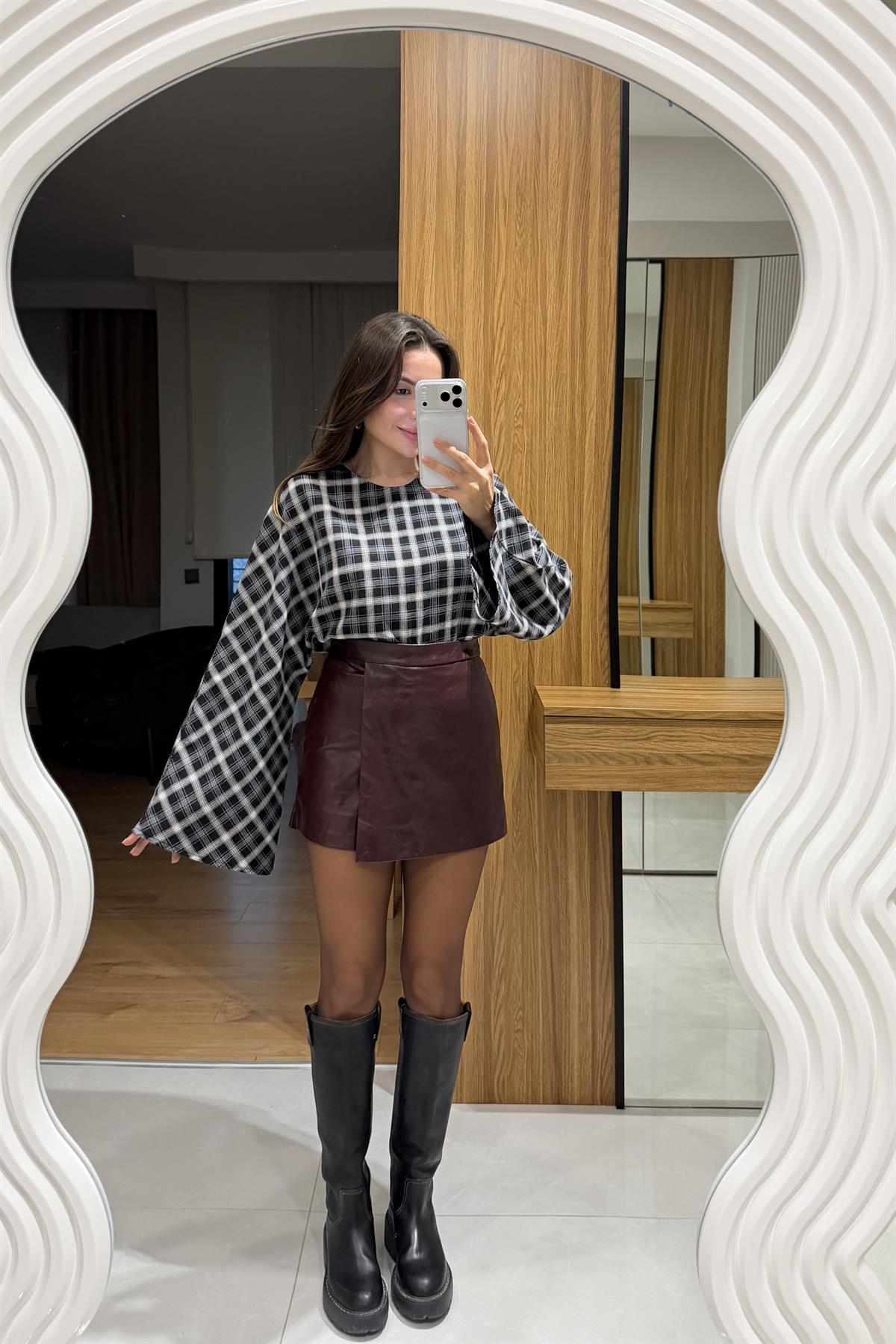 Ravix Bordo Deri Şort Etek