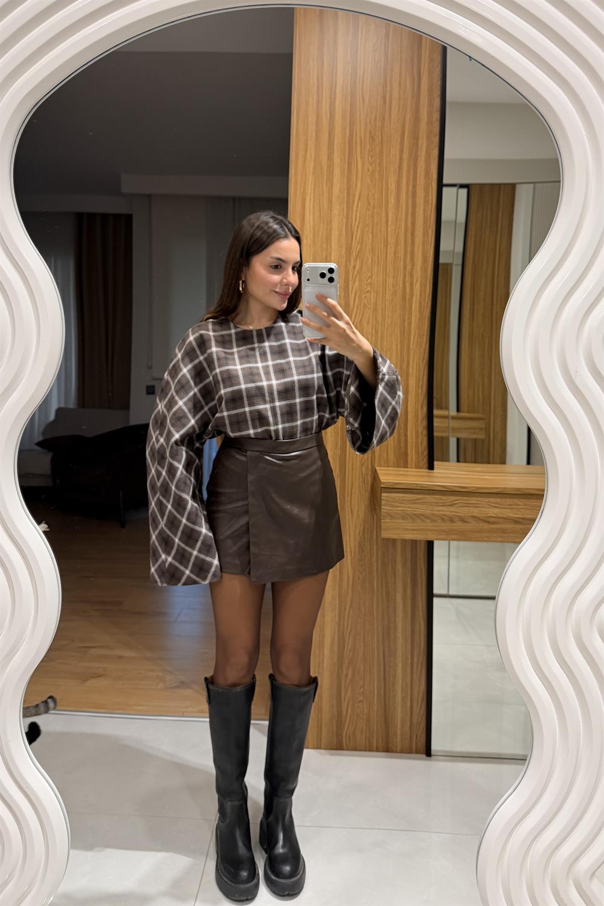 Ravix Kahve Deri Şort Etek