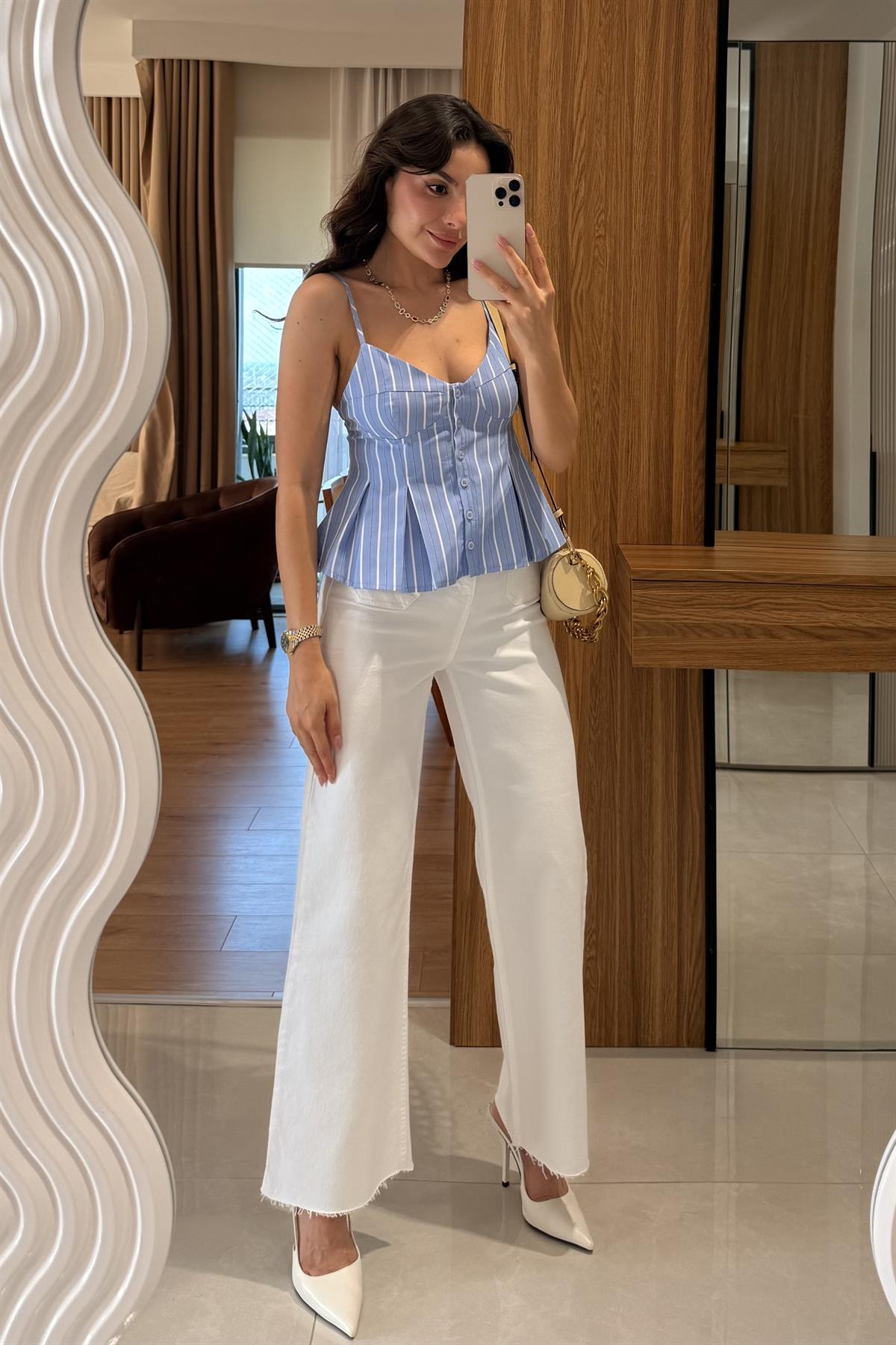 Raylin Mavi Çizgili Poplin Crop