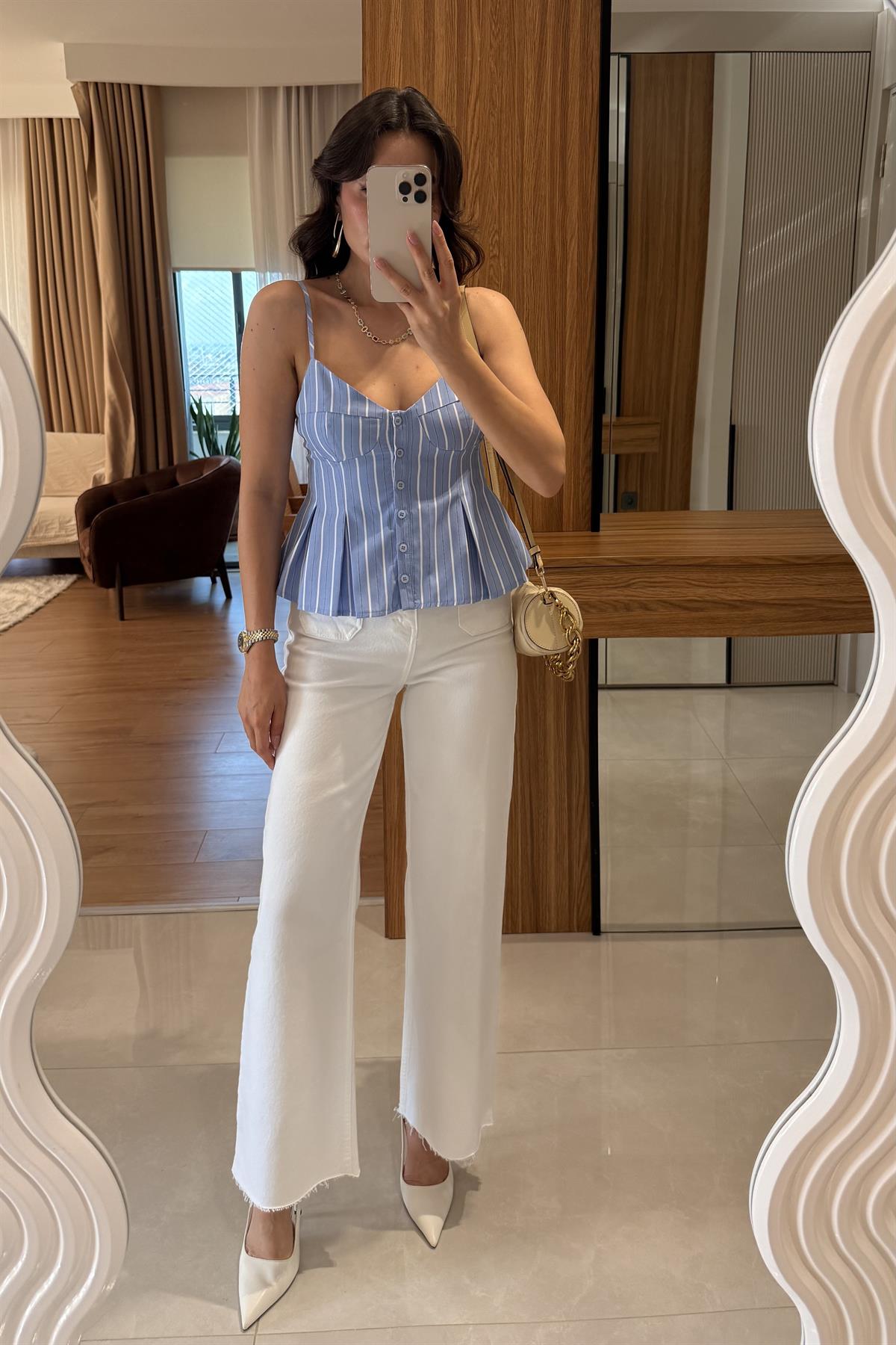 Raylin Mavi Çizgili Poplin Crop