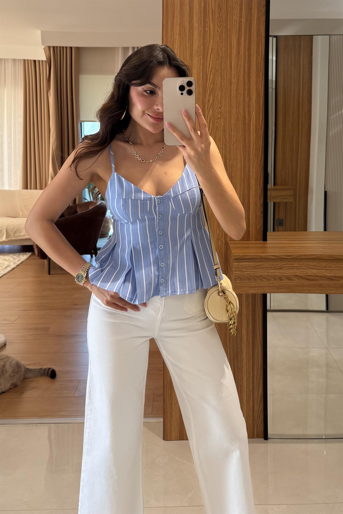 Raylin Mavi Çizgili Poplin Crop