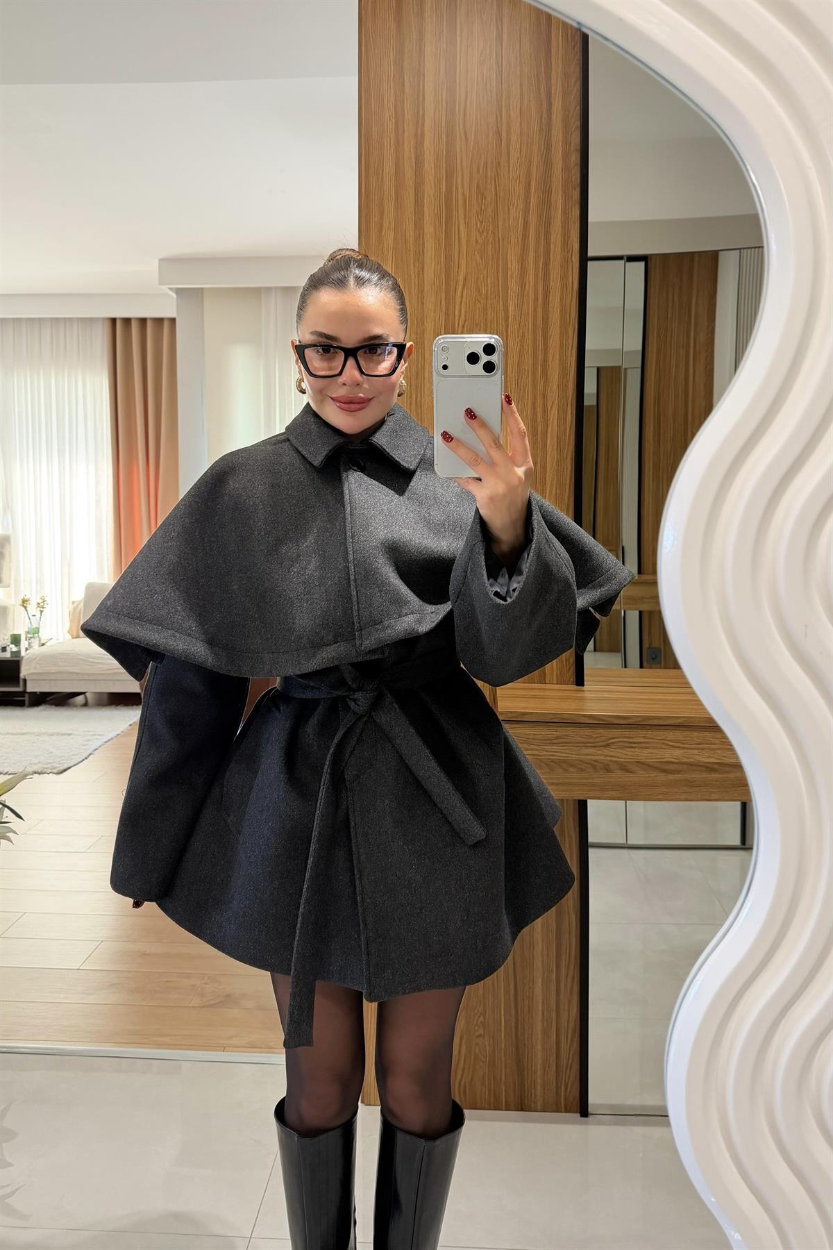 Rayna Antrasit Pelerinli Kaşe Kaban