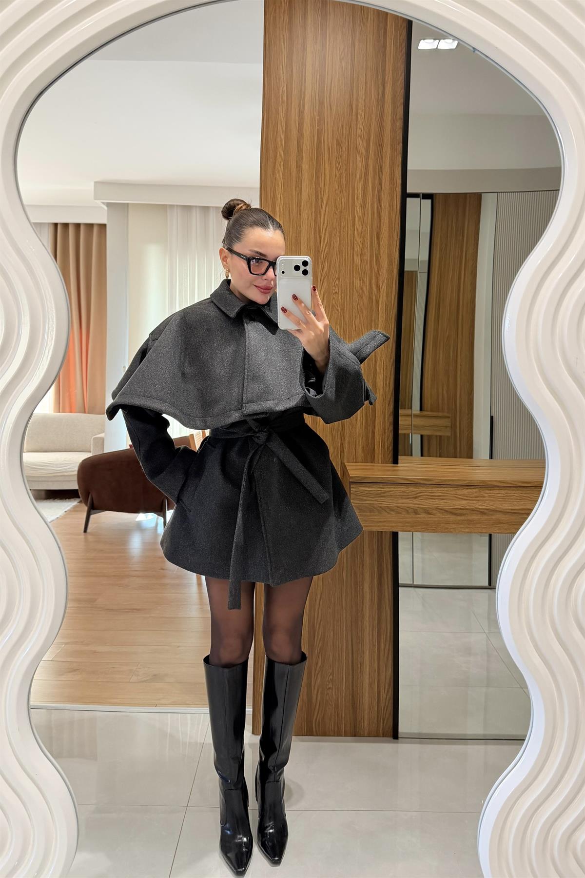 Rayna Antrasit Pelerinli Kaşe Kaban