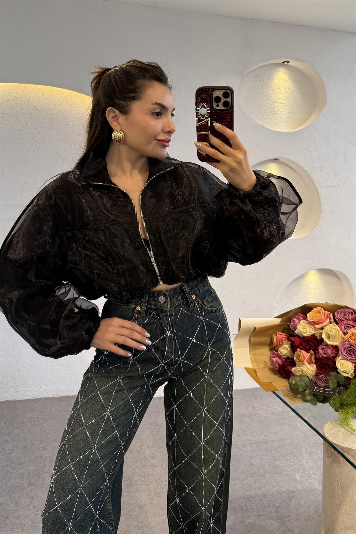 Rebeca Siyah Organze Kısa Bomber Ceket