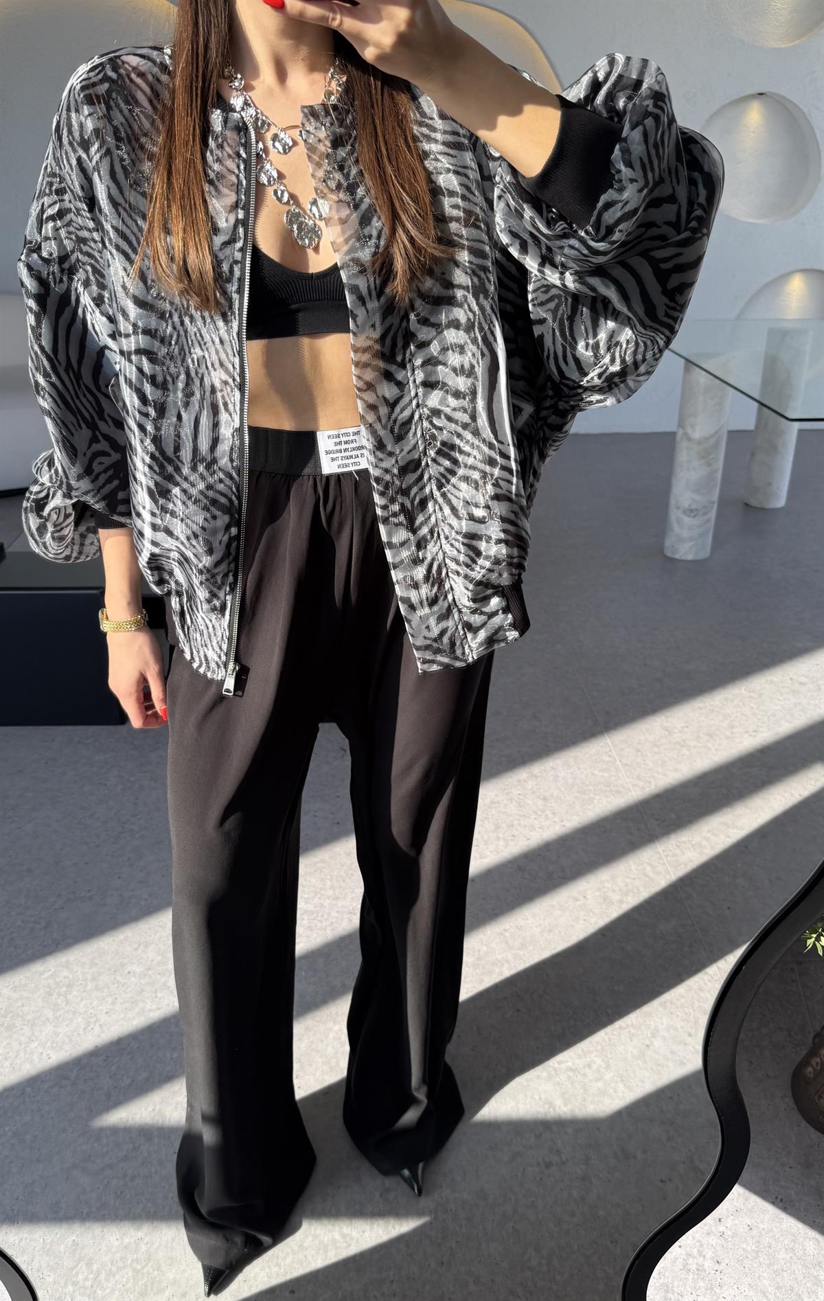 Rebeca Zebra Desen Organze Bomber Ceket