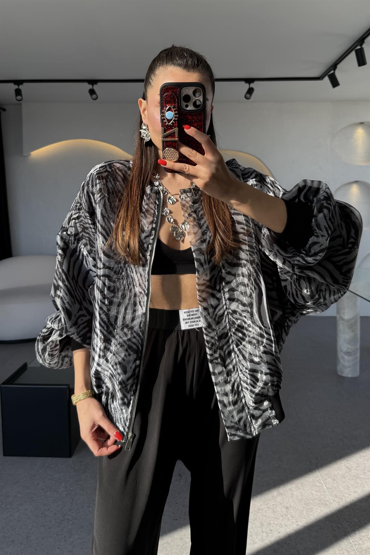 Rebeca Zebra Desen Organze Bomber Ceket