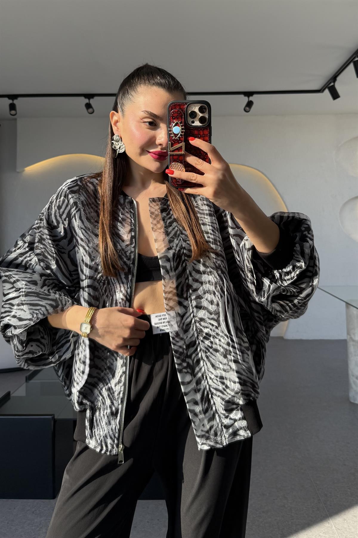 Rebeca Zebra Desen Organze Bomber Ceket