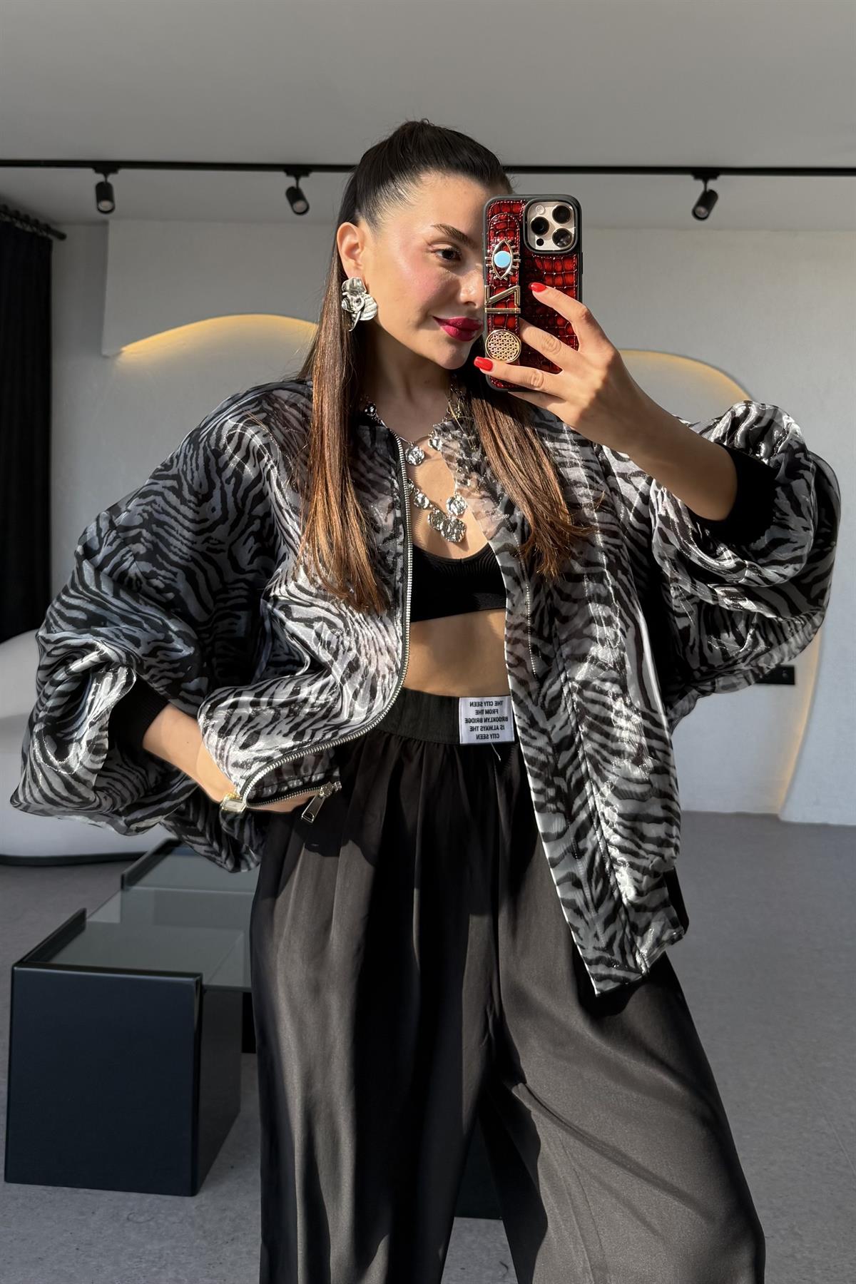 Rebeca Zebra Desen Organze Bomber Ceket