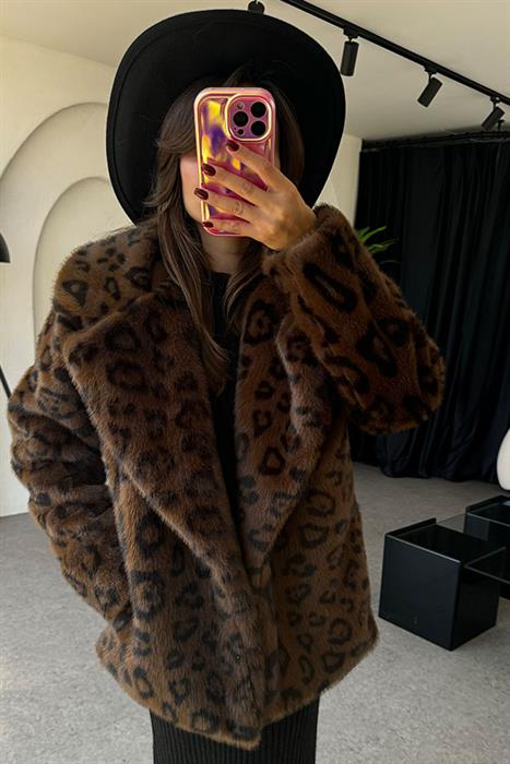 Rebecca Kahve Leopar Desen Kürk