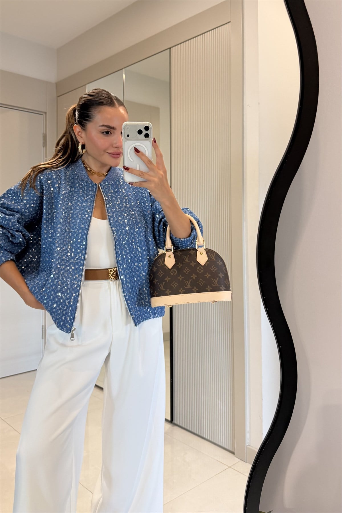 Rebecca Lacivert Payetli Fermuarlı Ceket