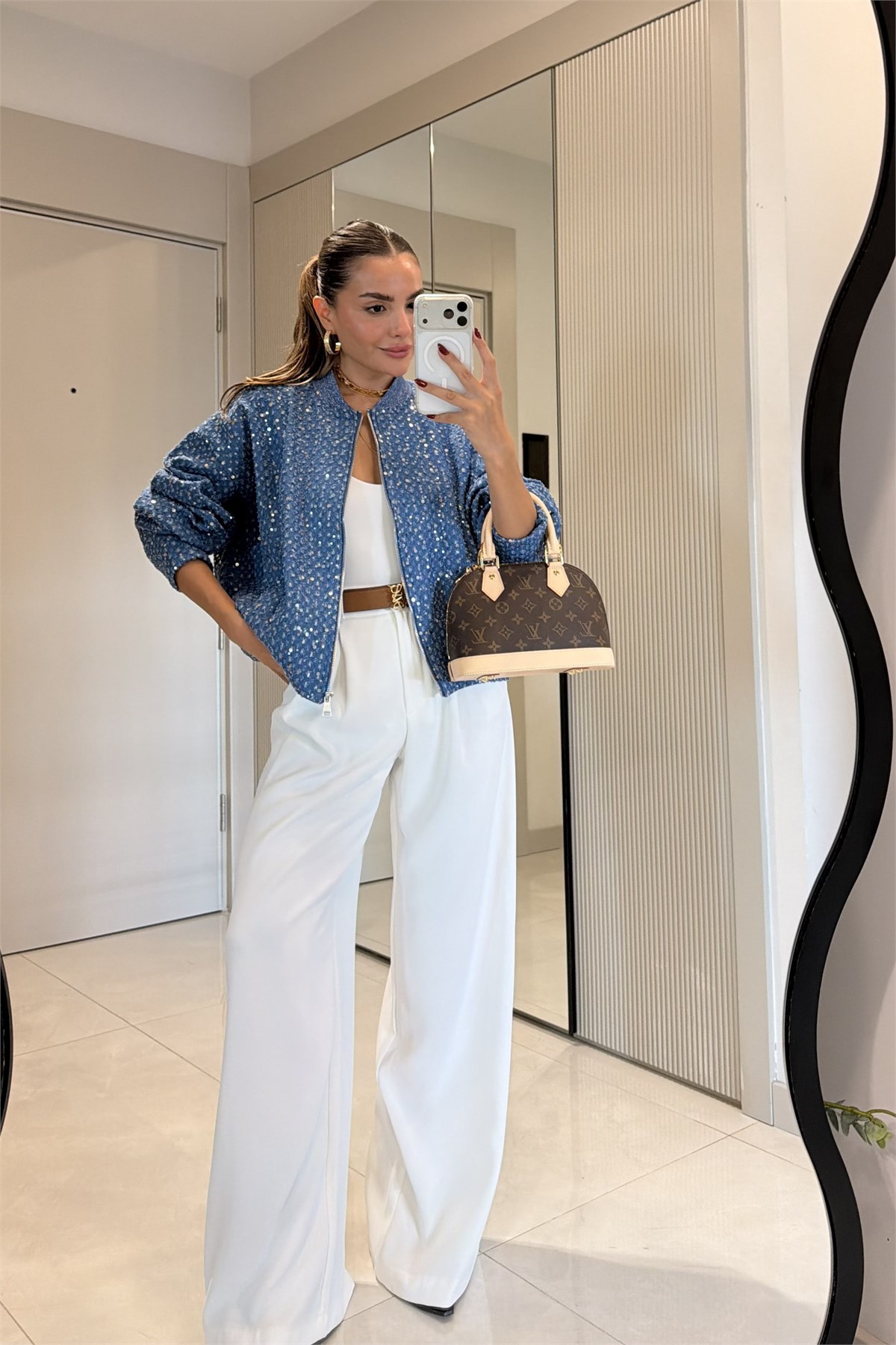 Rebecca Lacivert Payetli Fermuarlı Ceket