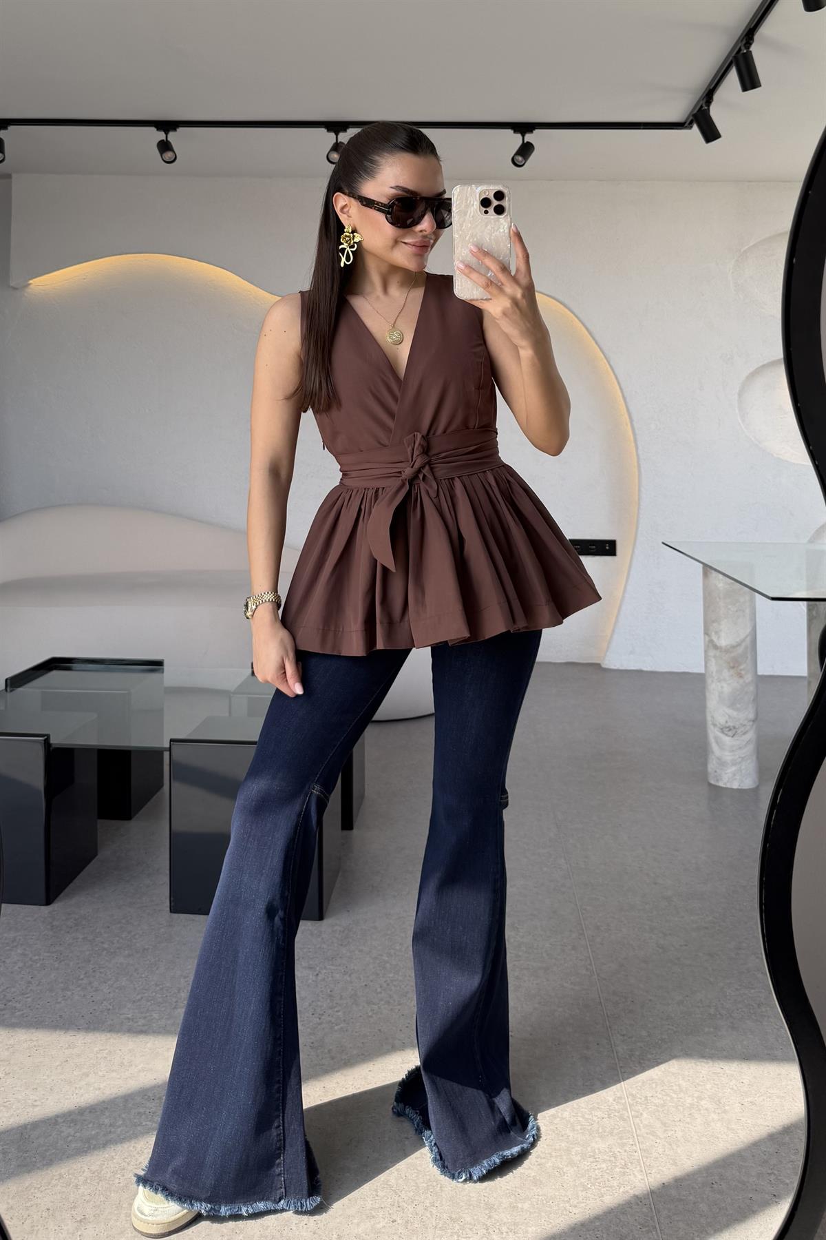 Redline Acı Kahve Bağlamalı Poplin Bluz
