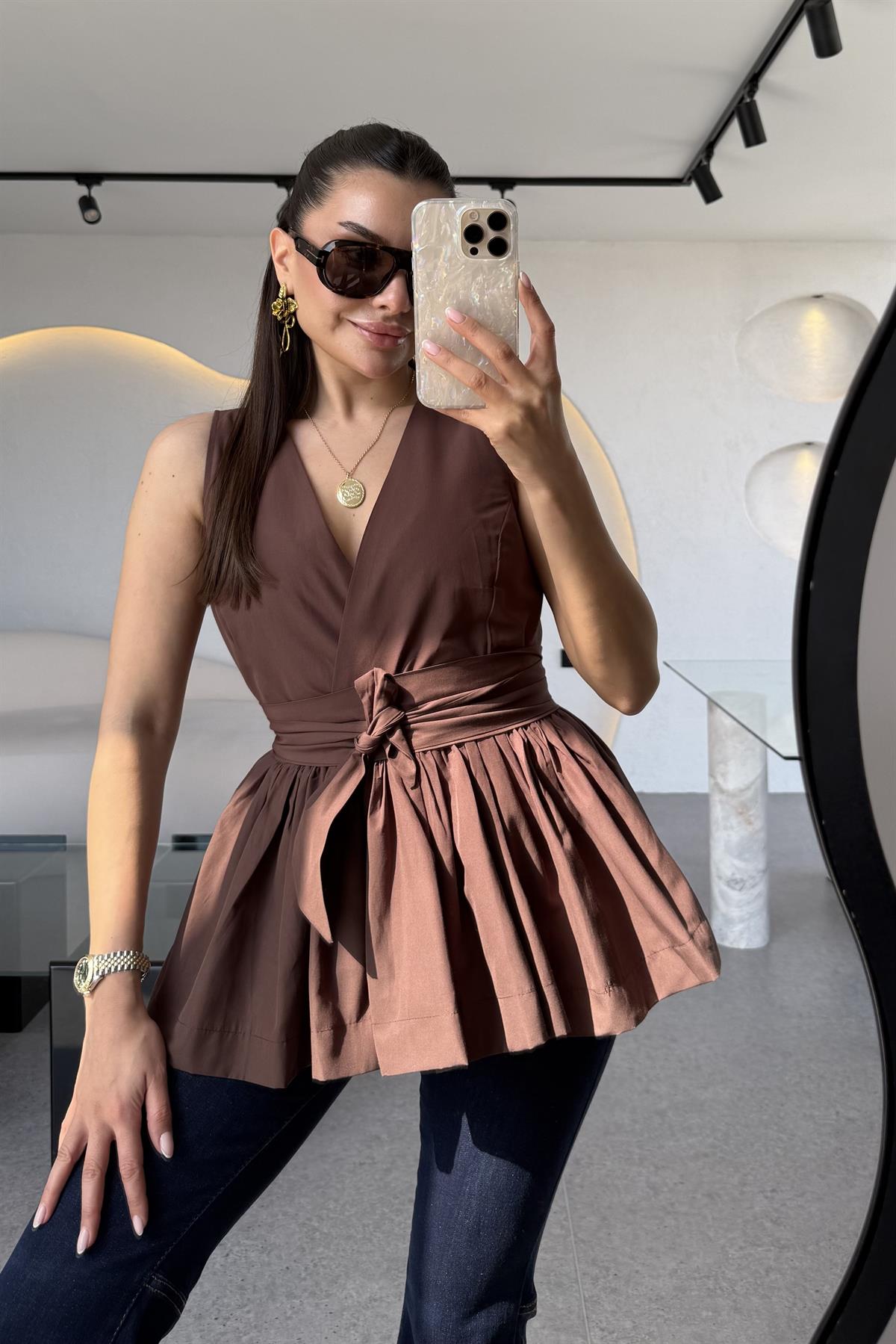 Redline Acı Kahve Bağlamalı Poplin Bluz