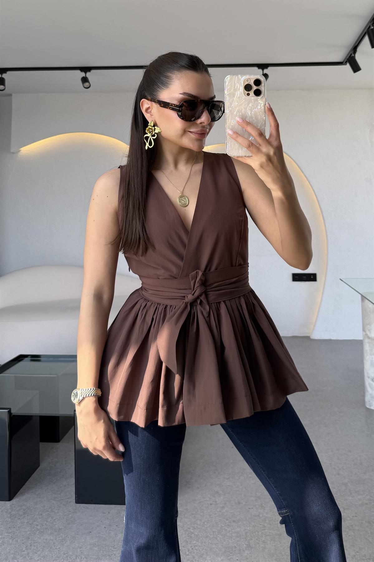 Redline Acı Kahve Bağlamalı Poplin Bluz