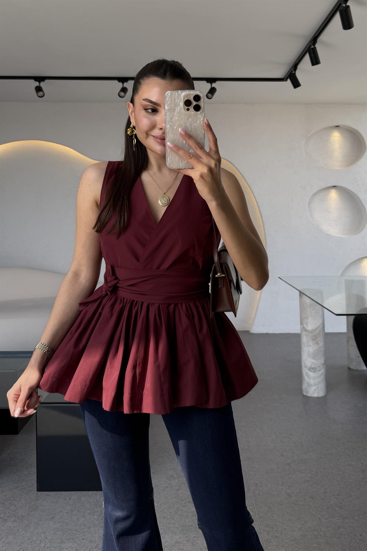 Redline Bordo Bağlamalı Poplin Bluz