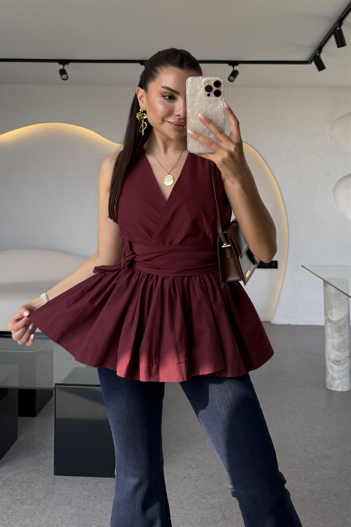Redline Bordo Bağlamalı Poplin Bluz