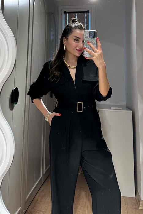 Regina Kemerli Siyah Tulum