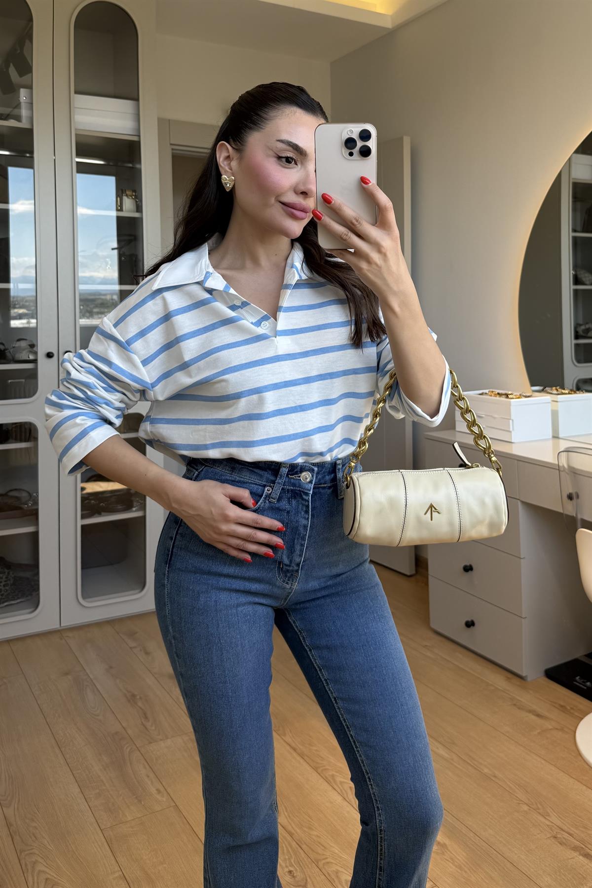 Reisne Mavi Çizgili Polo Yaka Tshirt