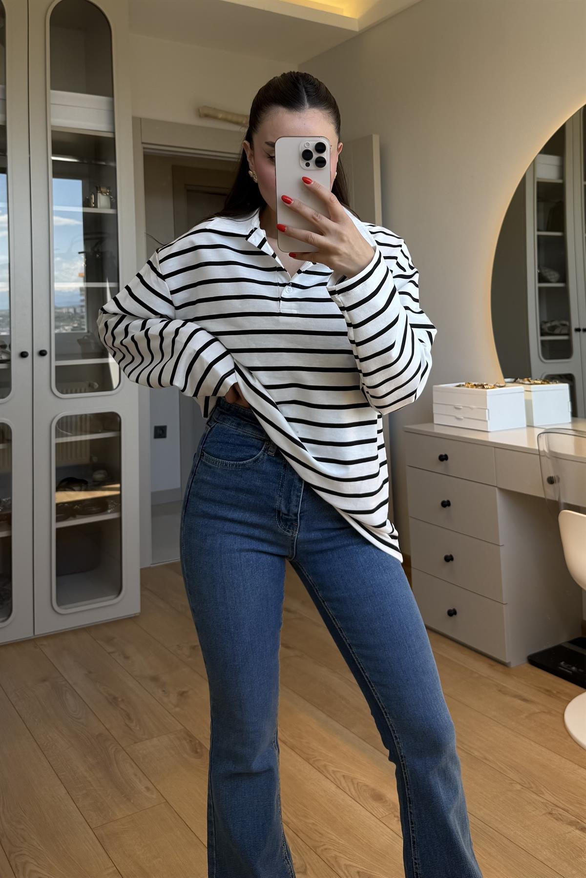 Reisne Siyah Çizgili Polo Yaka Tshirt