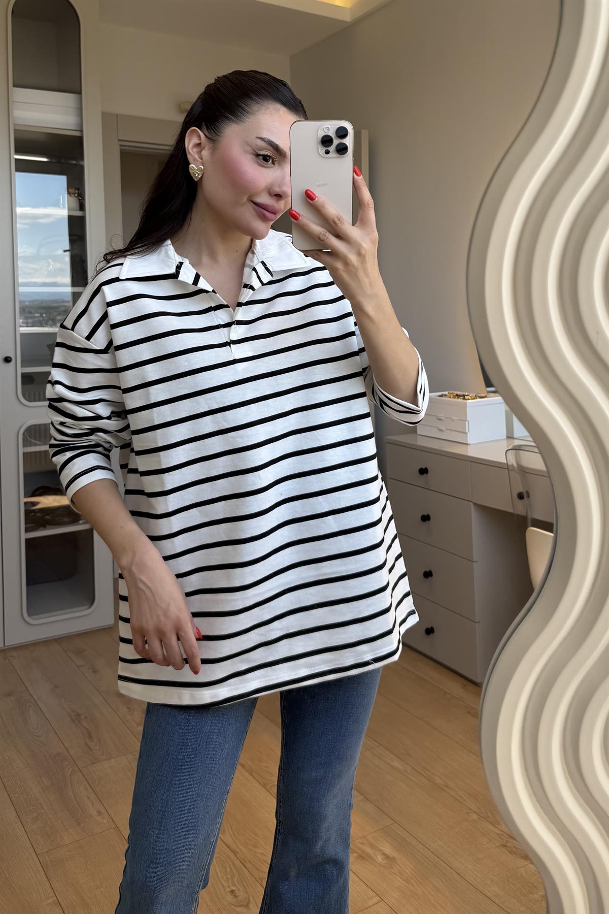 Reisne Siyah Çizgili Polo Yaka Tshirt