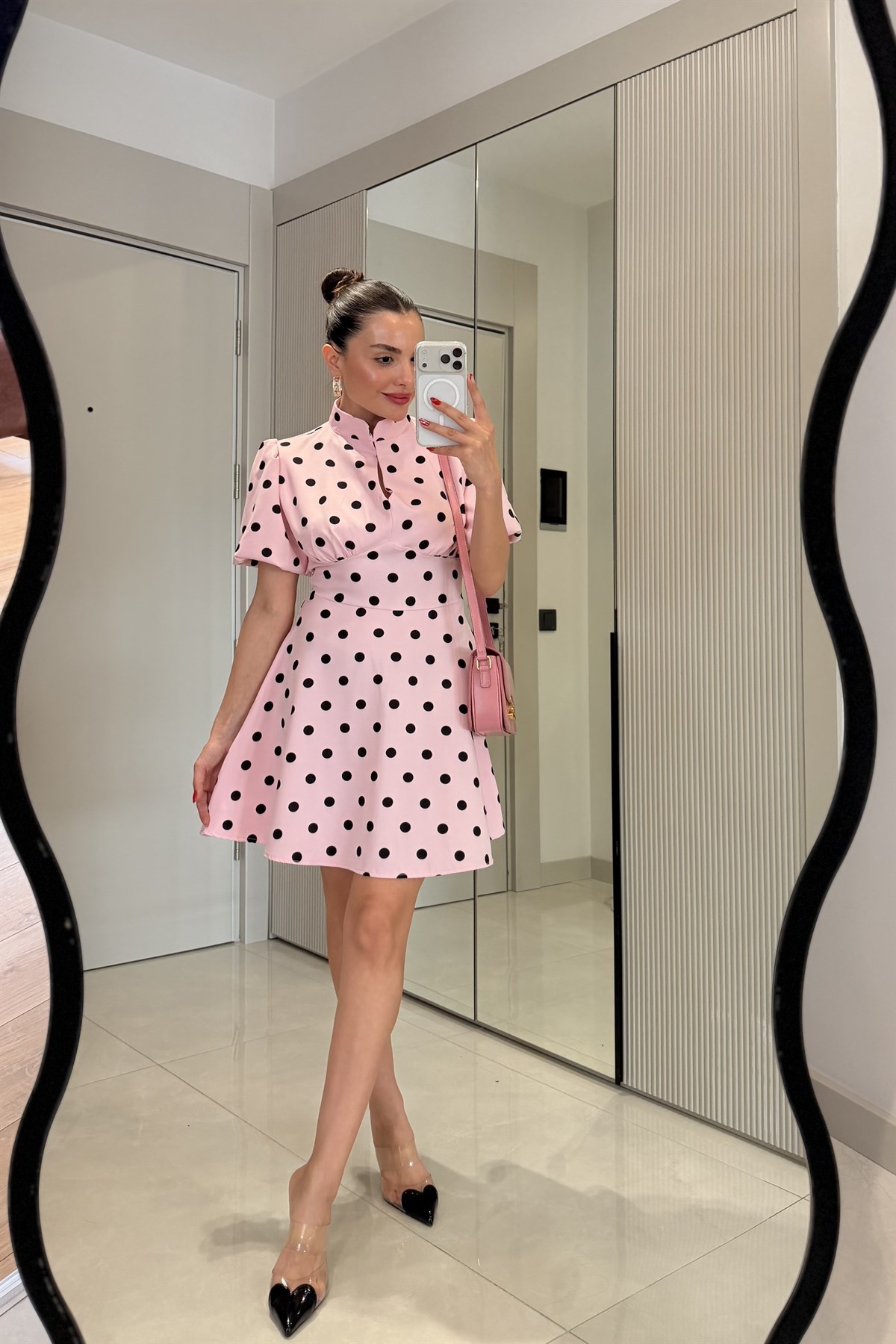 Remini Pembe Puantiye Hakim Yaka Elbise