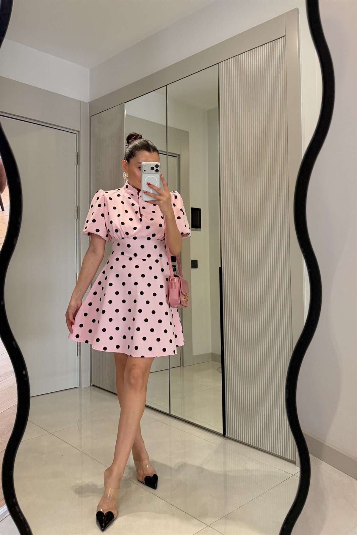 Remini Pembe Puantiye Hakim Yaka Elbise