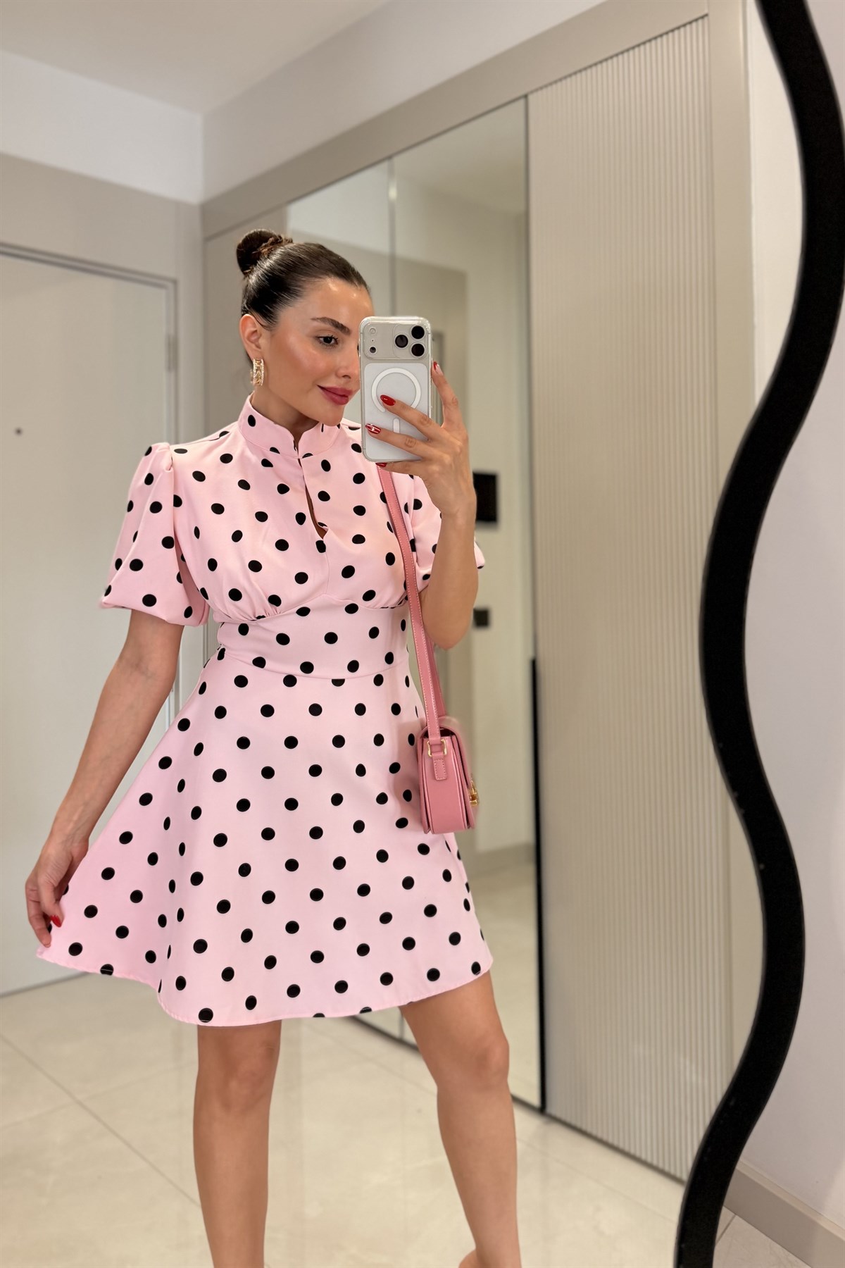 Remini Pembe Puantiye Hakim Yaka Elbise