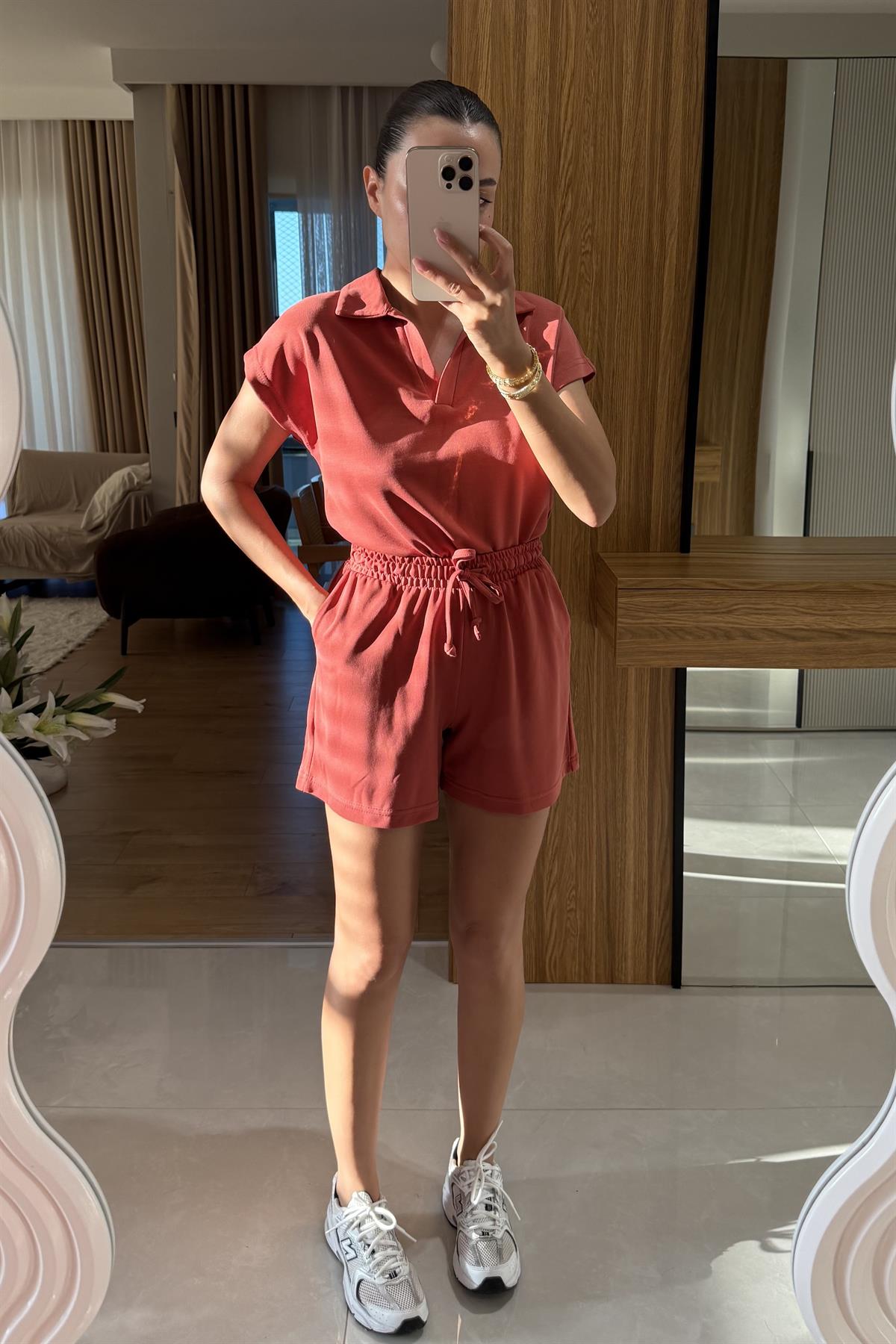 Renie Turuncu Pike Modal Şort Takım