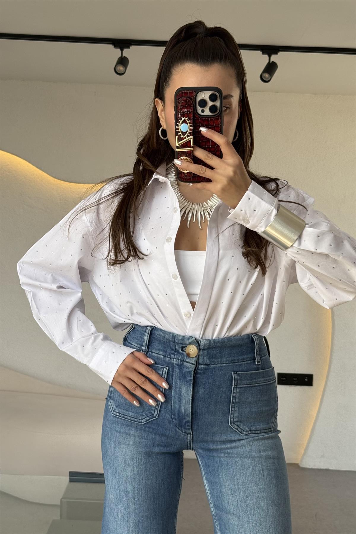 Renita Beyaz Taşlı Poplin Gömlek