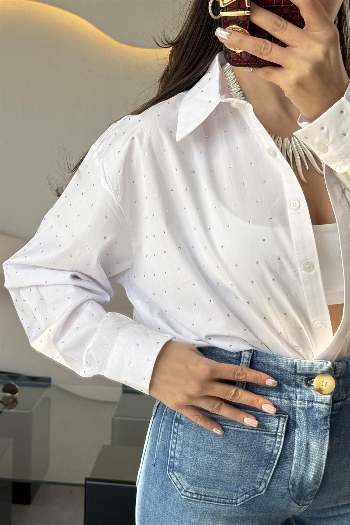 Renita Beyaz Taşlı Poplin Gömlek