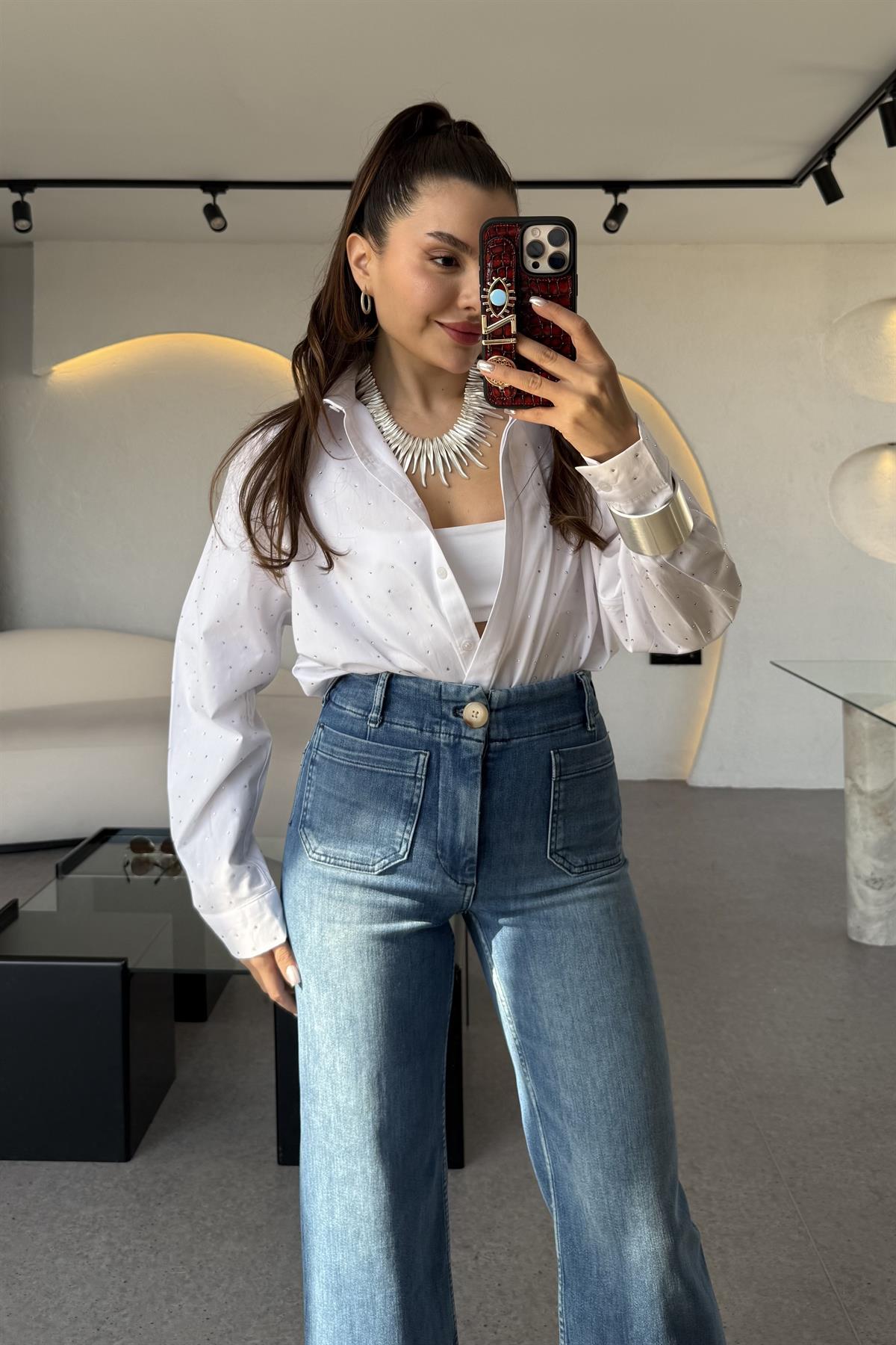 Renita Beyaz Taşlı Poplin Gömlek