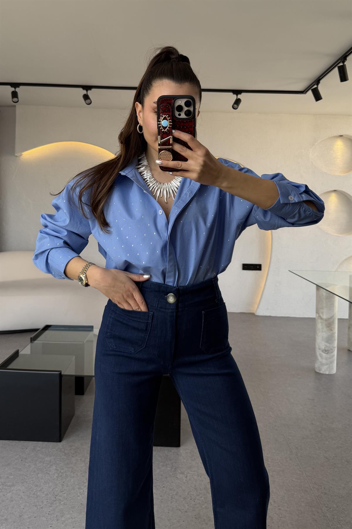 Renita Mavi Taşlı Poplin Gömlek