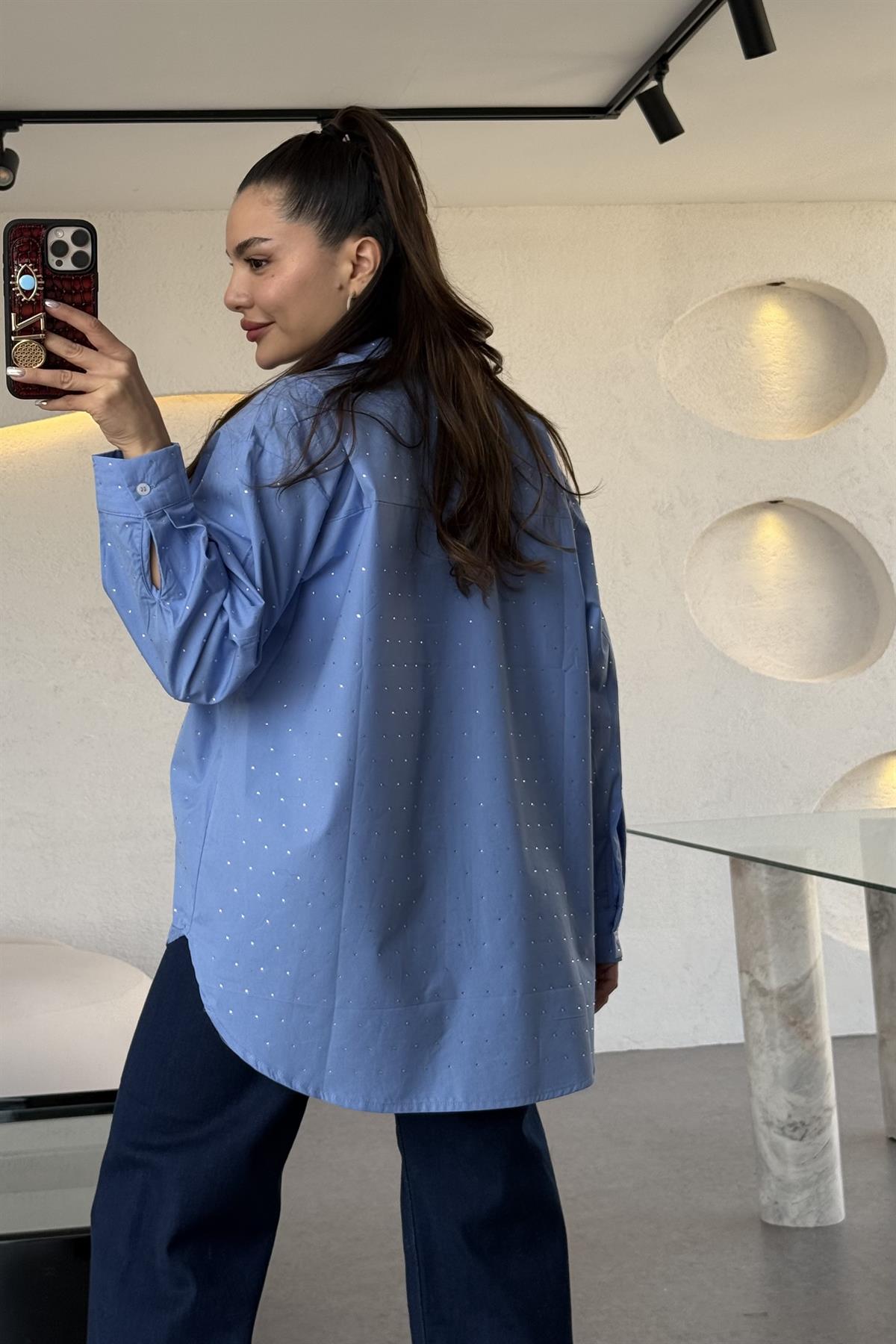 Renita Mavi Taşlı Poplin Gömlek