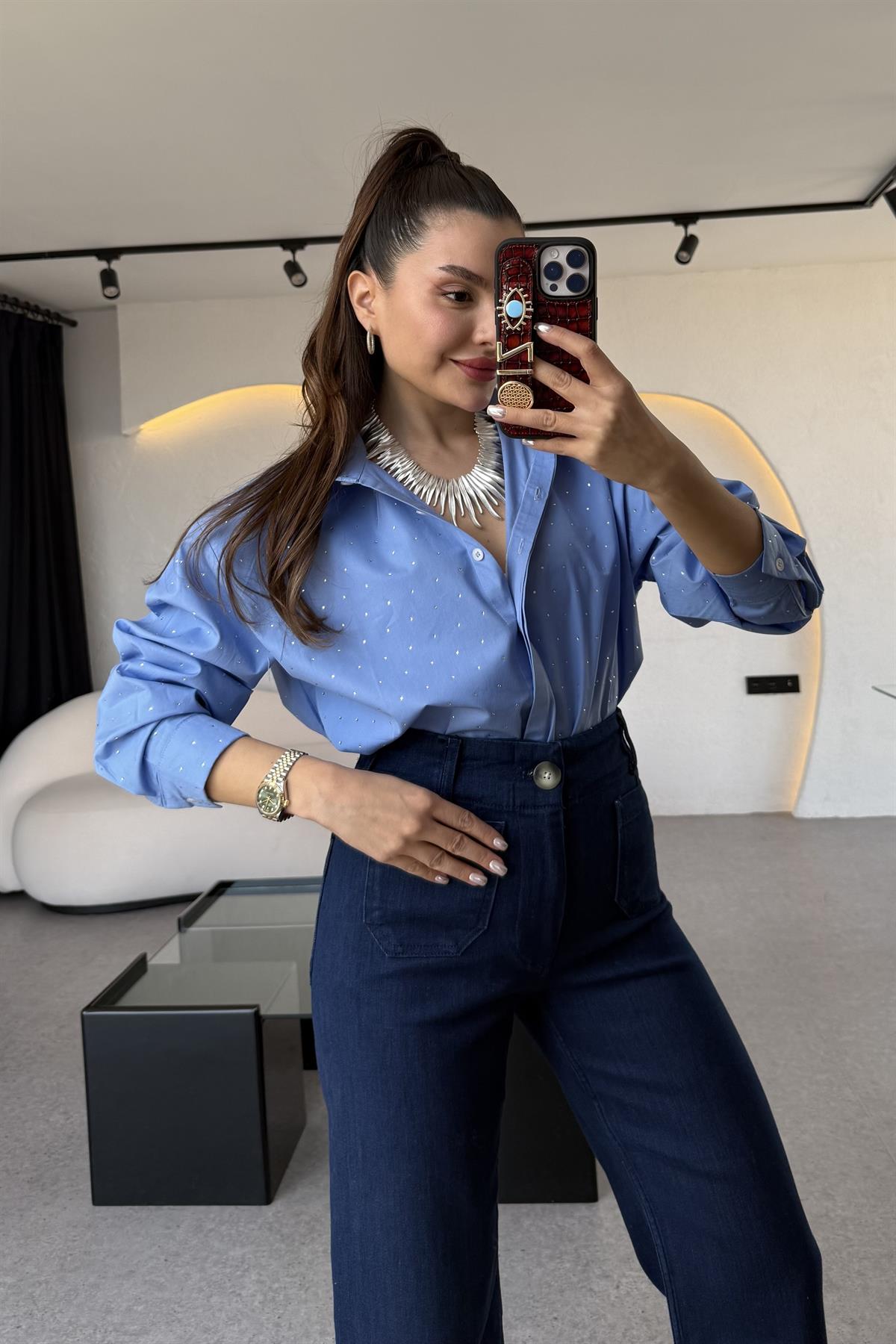 Renita Mavi Taşlı Poplin Gömlek