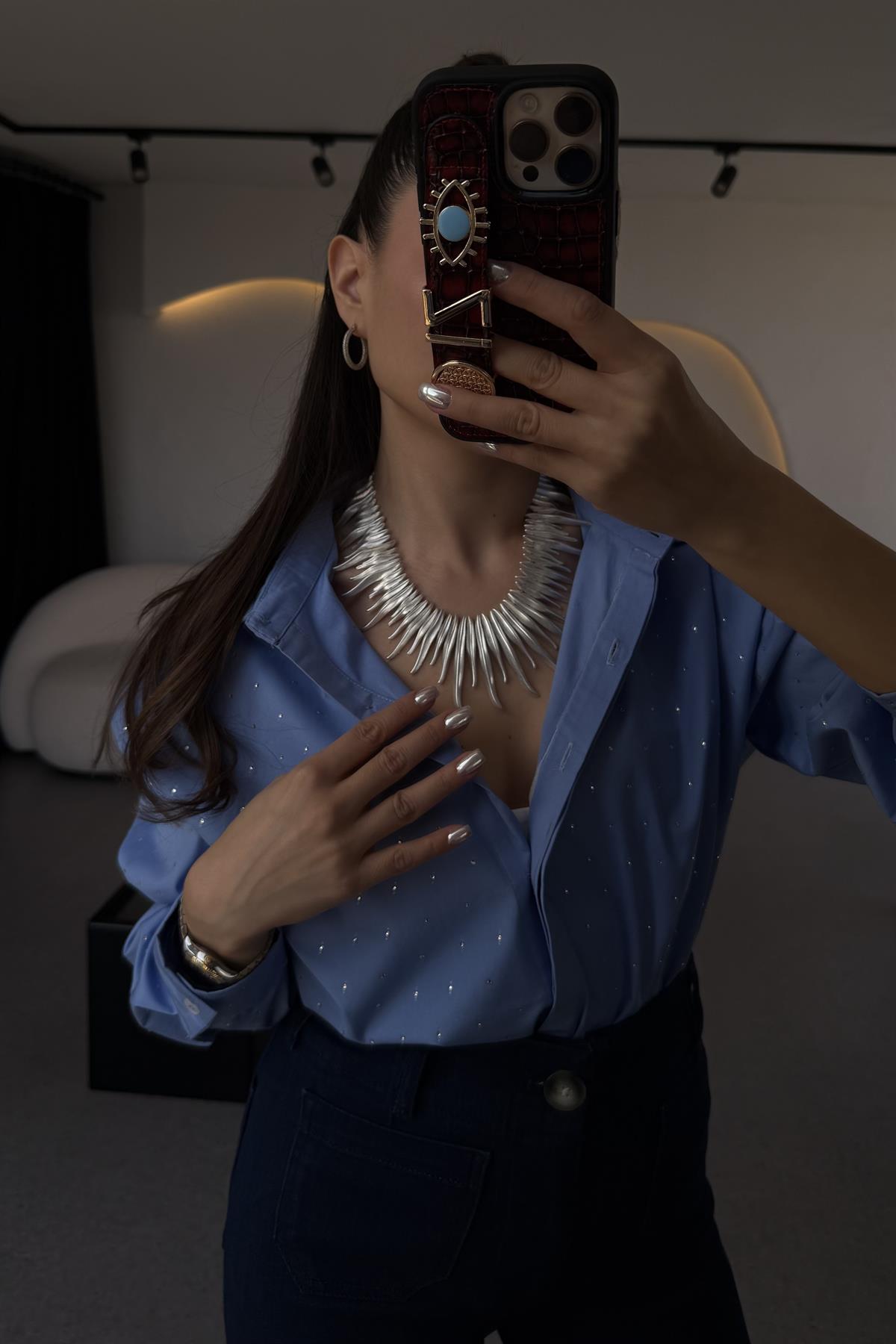 Renita Mavi Taşlı Poplin Gömlek